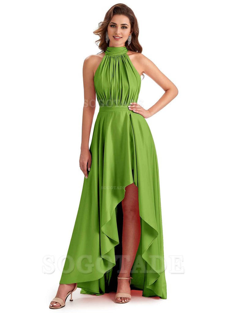 Soft Satin High Neck High Low A-Line Unique Bridesmaid Dresses Online