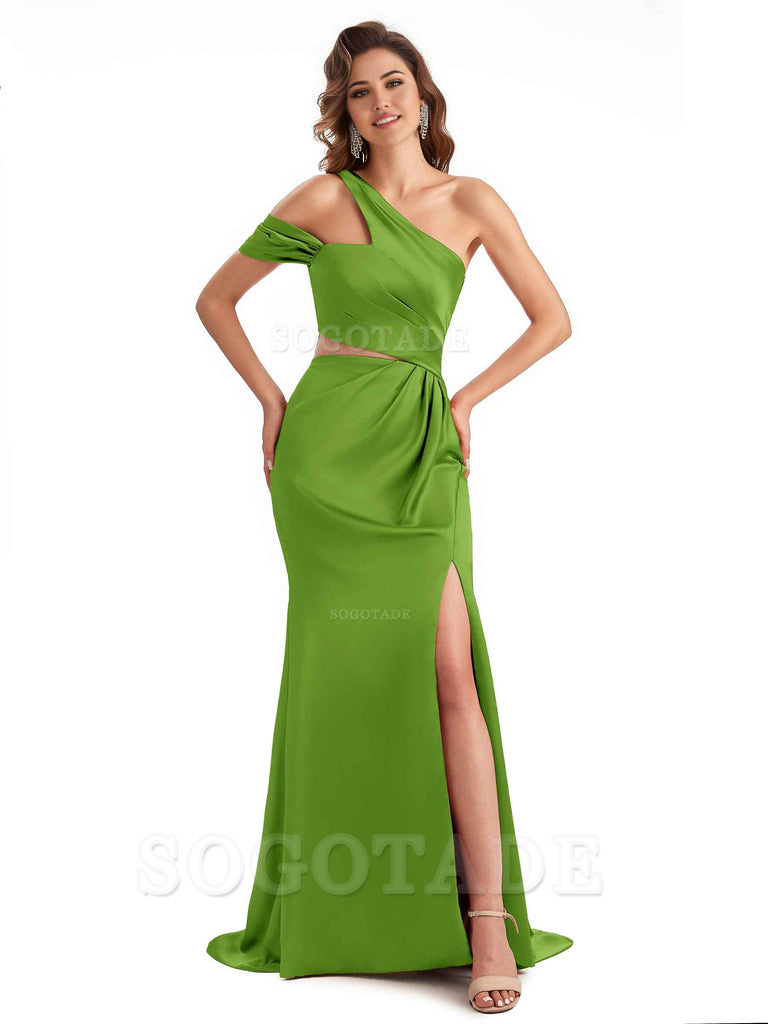 Sexy Side Slit Mermaid Soft Satin One Shoulder Long Unique Bridesmaid Dresses