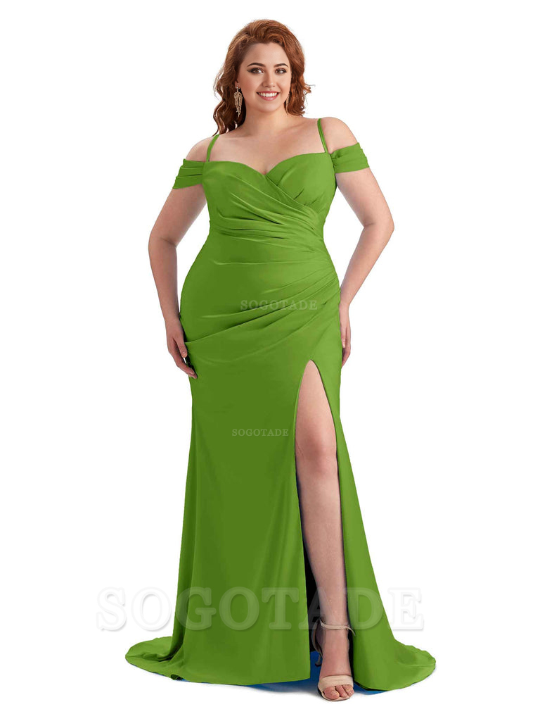 Sexy Side Slit Sleeveless Cold Shoulder Mermaid Soft Satin Long Plus Size Maid of Honor Dresses
