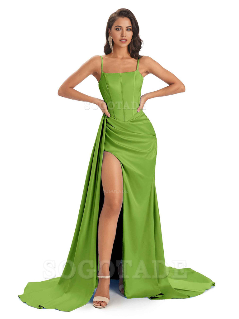 Spaghetti Straps Floor-Length Satin formal dresses evening gown Bridesmaid Dresses With Side Slit 