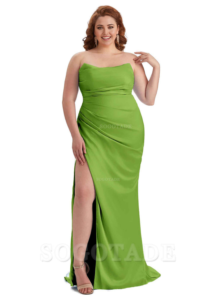 Sexy Side Slit Sleeveless Strapless Mermaid Soft Satin Long Plus Size Bridesmaid Dresses For Wedding