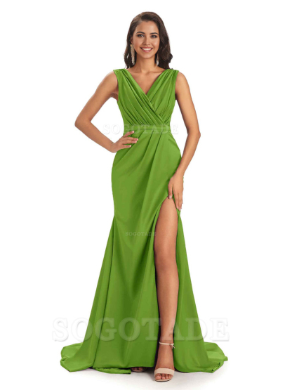 A-line V-neck Floor-Length Satin formal dresses evening gown Bridesmaid Dresses With Side Slit 