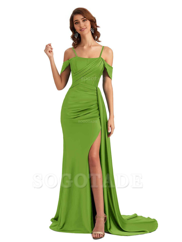 Sexy Side Slit Cold Shoulder Mermaid Satin Chic Long Wedding Guest Dresses