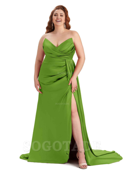 Sexy V-neck Side Slit Sleeveless Mermaid Soft Satin Long Plus Size Bridesmaid Gowns
