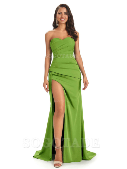 Mermaid Strapless Sweetheart Satin Long formal dresses evening gown Bridesmaid Dresses With Side Slit 