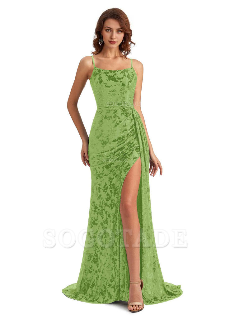 Sexy Side Slit Spaghetti Straps Mermaid Floral Velvet Long Wedding Guest Dresses
