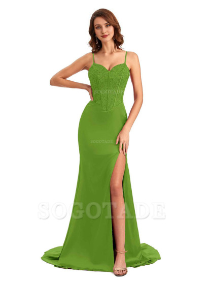 Sexy Side Slit Mermaid Silky Satin V-Neck Lace Unique Long Bridesmaid Dresses