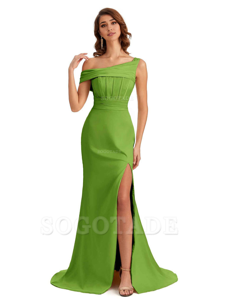 Elegant Asymmetrical Neck Soft Satin Side Slit Long Mermaid Bridesmaid Dresses