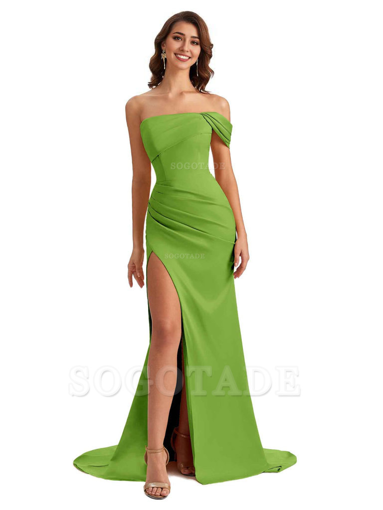 Unique One Shoulder Side Slit Satin Long Formal Dresses For Bridesmaid Dresses