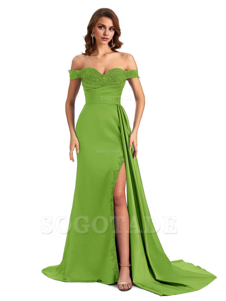 Sexy Off The Shoulder Mermaid Side Slit Silky Satin Long Bridesmaid Dress For Wedding