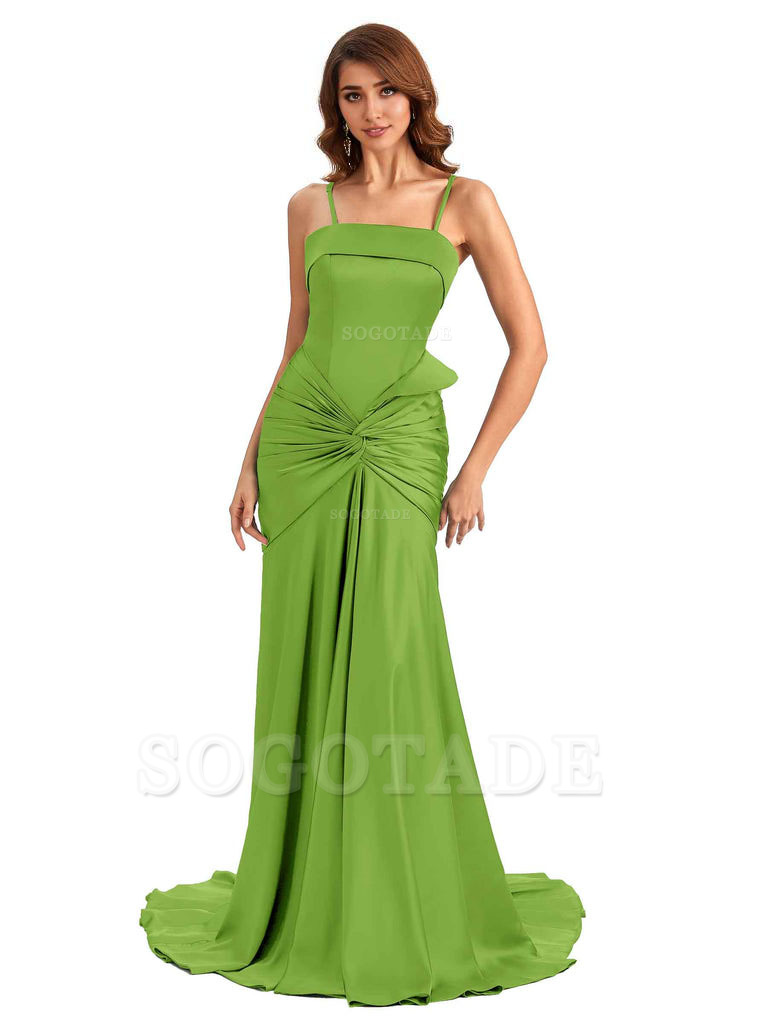 Sexy Mermaid Spaghetti Straps Silky Satin Unique Long Bridesmaid Dress For Wedding