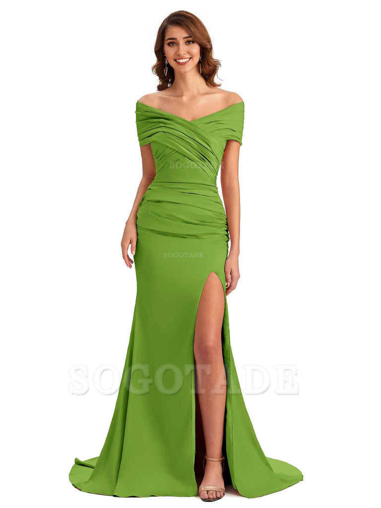 Sexy Off The Shoulder Side Slit Mermaid Satin Unique Long Formal Wedding Guest Dresses