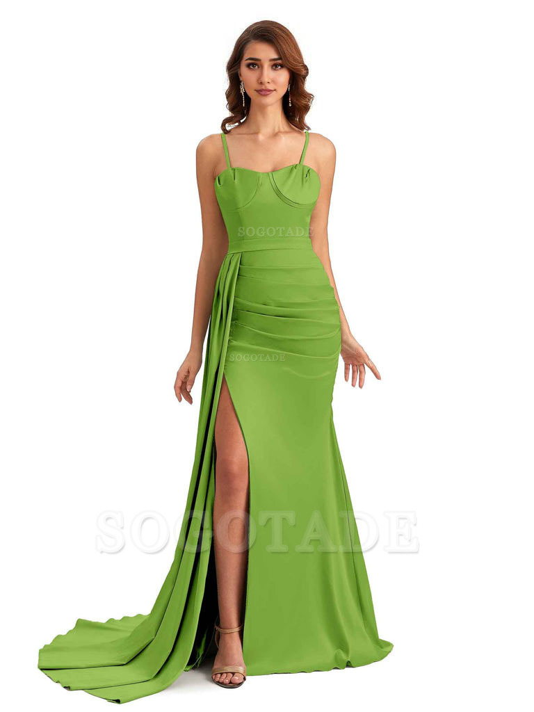 Sexy Spaghetti Straps Side Slit Mermaid Unique Long Bridesmaid Dresses In Satin