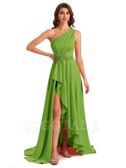 Sexy One Shoulder A-Line High Low Silky Satin Lace Long Formal Wedding Guest Dresses
