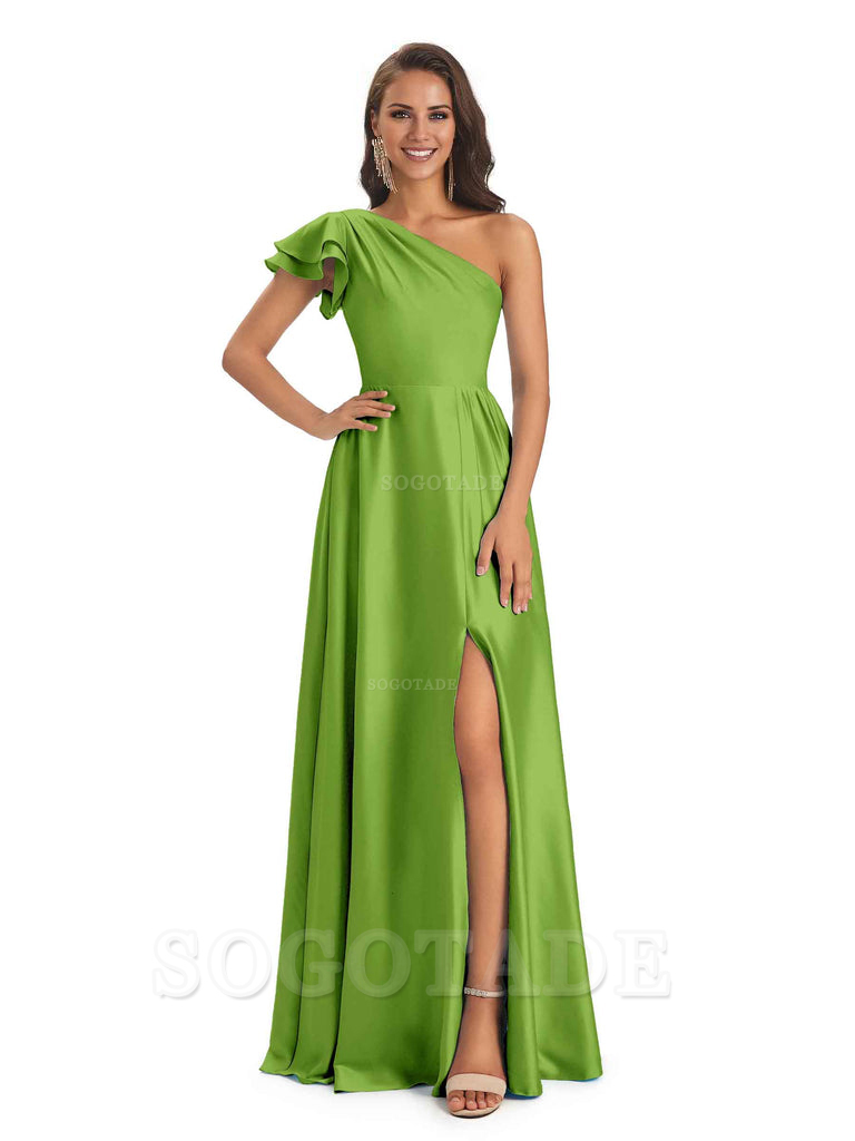 A-Line One Shoulder Ladies Long Bridesmaid Dresses Soft Satin Side Slit Elegant Evening Party Dress