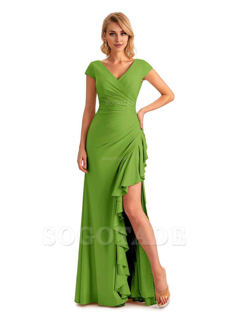 Sexy Side Slit Short Sleeves Mermaid Soft Satin Unique Long Maid Of Honor Dresses