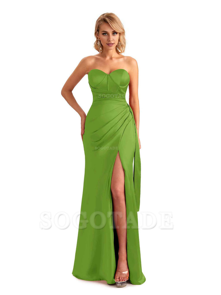 Sexy Side Slit Strapless Mermaid Soft Satin Unique Long Bridesmaid Dress For Wedding