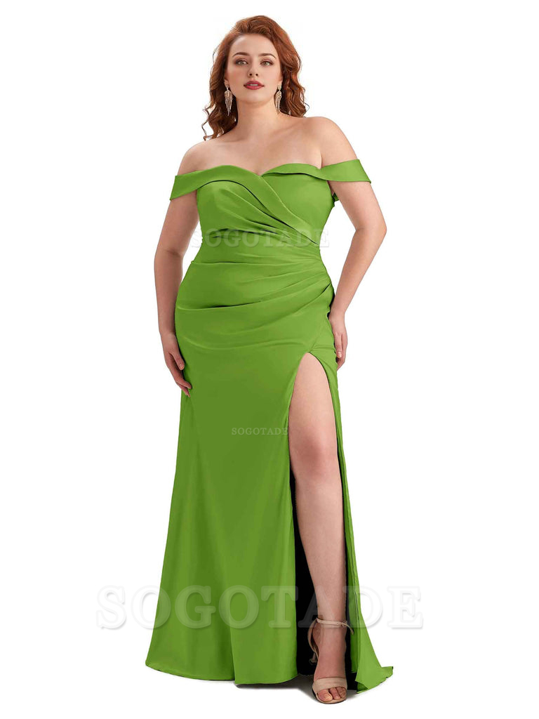 Sexy Side Slit Off Shoulder Mermaid Soft Satin Long Plus Size Bridesmaid Gowns For Wedding