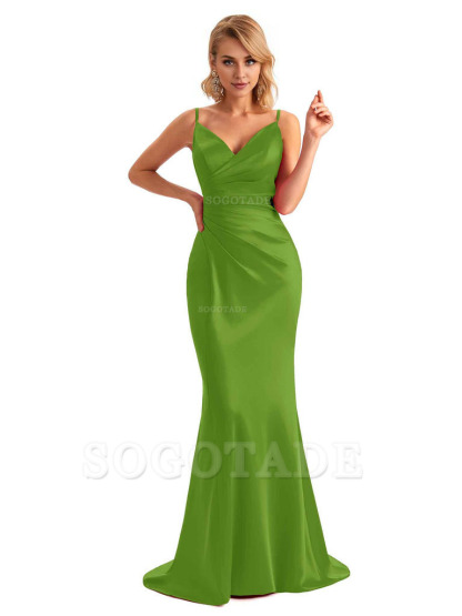  Sexy Backless Mermaid Spaghetti Straps Unique Long Formal Satin Dress For Women