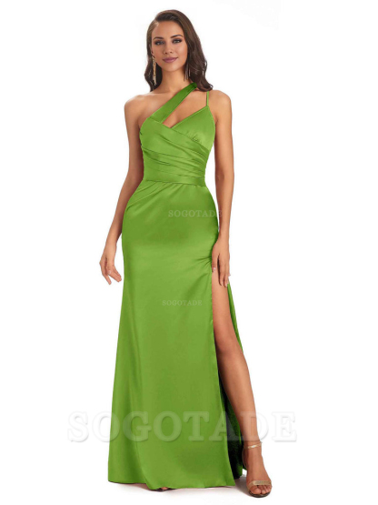 Elegant Soft Satin Side Slit One Shoulder Floor-Length Maxi Bridesmaid Dresses Evening Party Dress