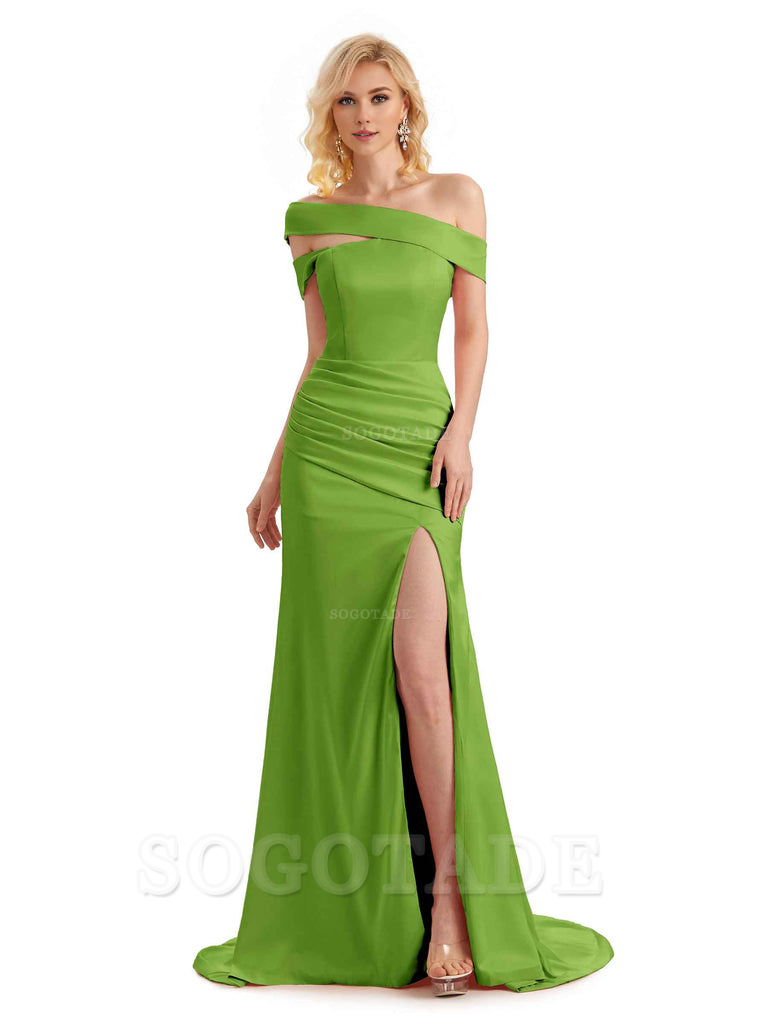Elegant Asymmetrical Unique Soft Satin Side Slit Long Mermaid Bridesmaid Dresses Charming Evening Party Dress