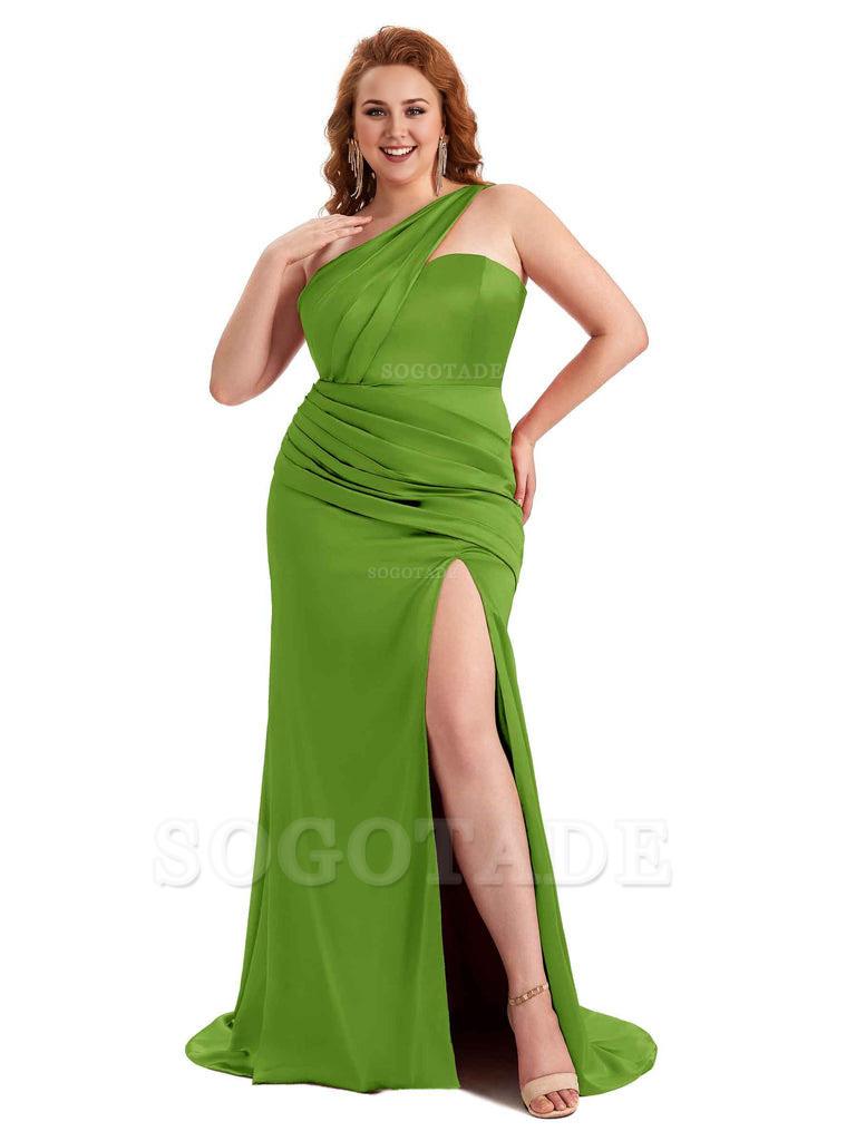 Sexy Side Slit One Shoulder Mermaid Soft Satin Long Plus Size Matron of Honor Dress For Wedding