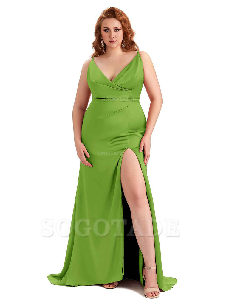 Sexy Side Slit Spaghetti Straps Mermaid Soft Satin Fashion Bridesmaid Dresses