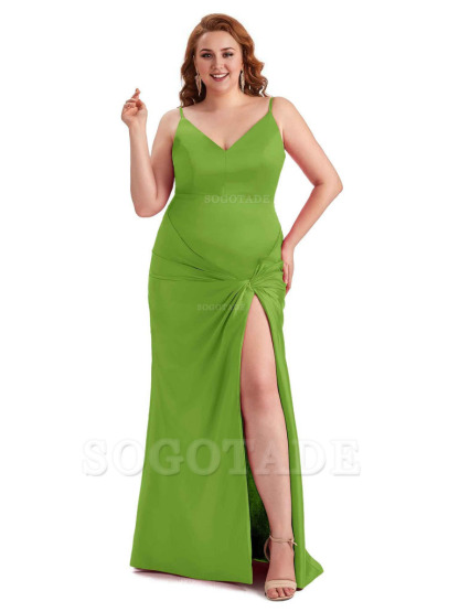 Sexy Spaghetti Straps V-neck Side Slit Mermaid Soft Satin Long Plus Size Bridesmaid Dress
