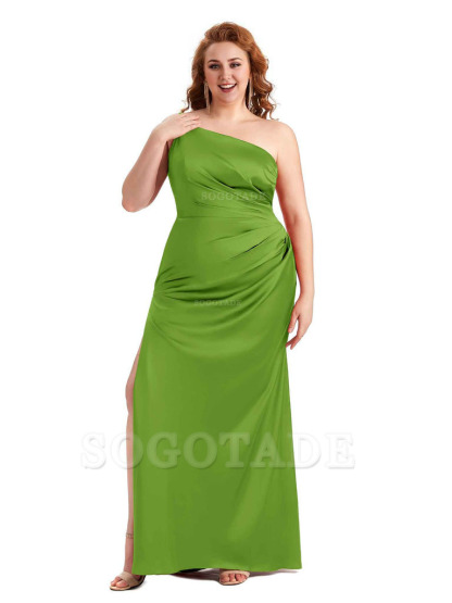 Sexy Side Slit One Shoulder Mermaid Soft Satin Long Plus Size Maid of Honour Dresses