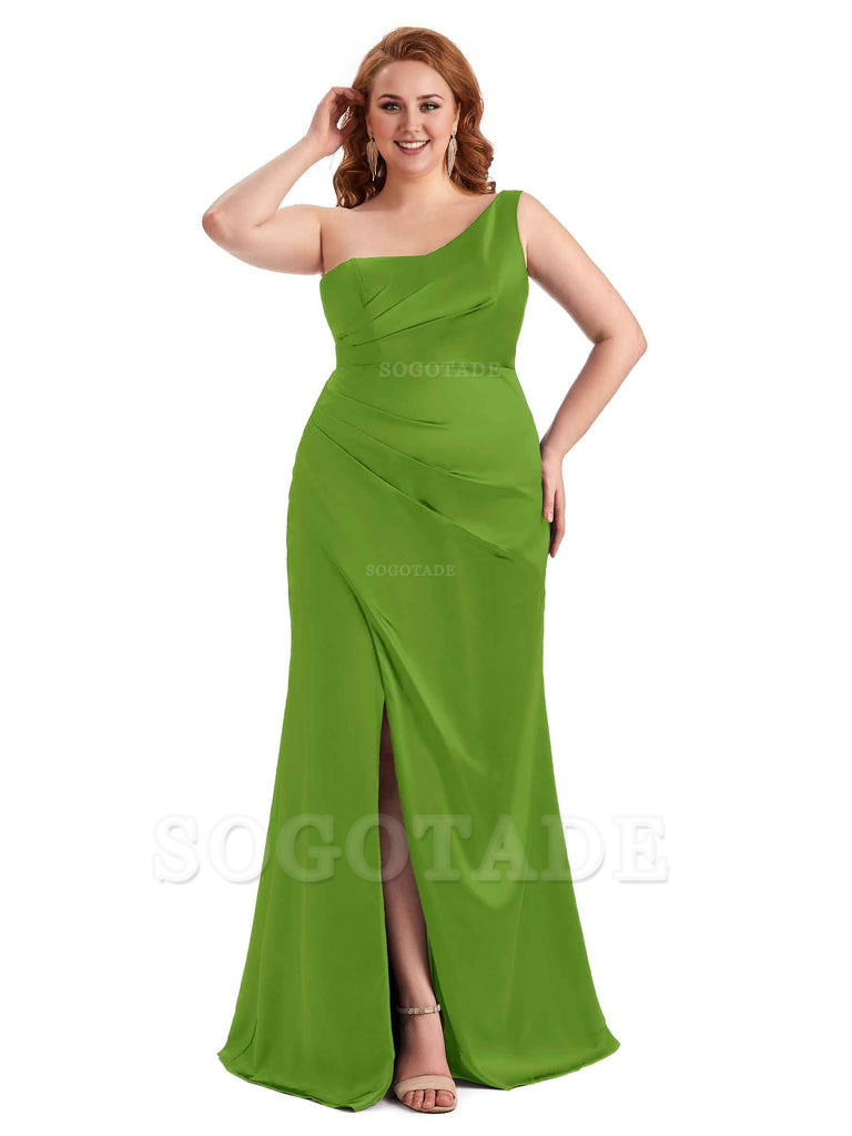 Sexy Side Slit One Shoulder Mermaid Long Plus Size Satin Maxi Dresses
