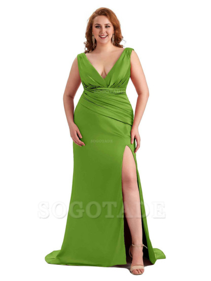 Elegant V-neck Side Slit Mermaid Soft Satin Long Plus Size Bridesmaid Dress For Wedding