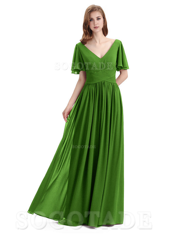 A-Line Chiffon Short Sleeves Elegant Floor-Length Bridesmaid Dresses Formal Women's Dresses Wedding Guests Dresses