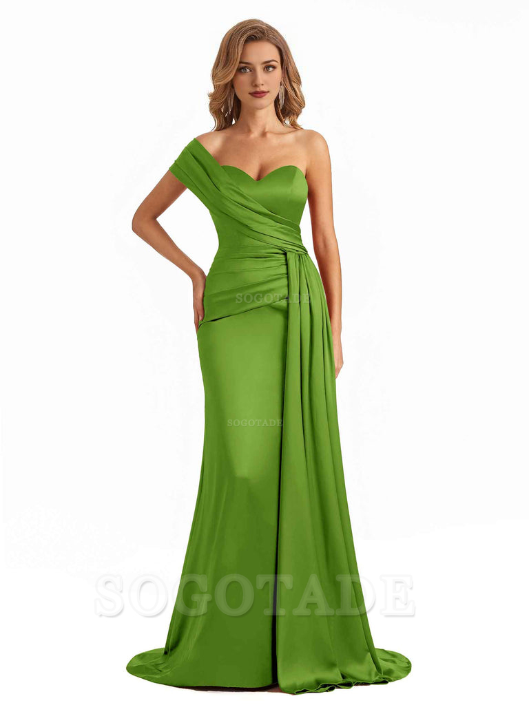 Elegant One Shoulder Soft Satin Long Mermaid Bridesmaid Dresses Online prom shop dresses ﻿