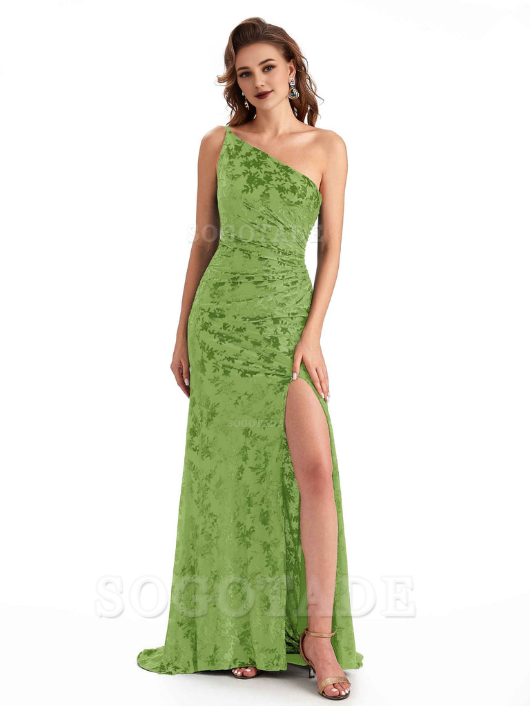 Charming Sexy One Shoulder Side Slit Mermaid Floral Velvet Long Exquisite Bridesmaid Dresses Formal Women's Dresses Wedding Guests Dresses