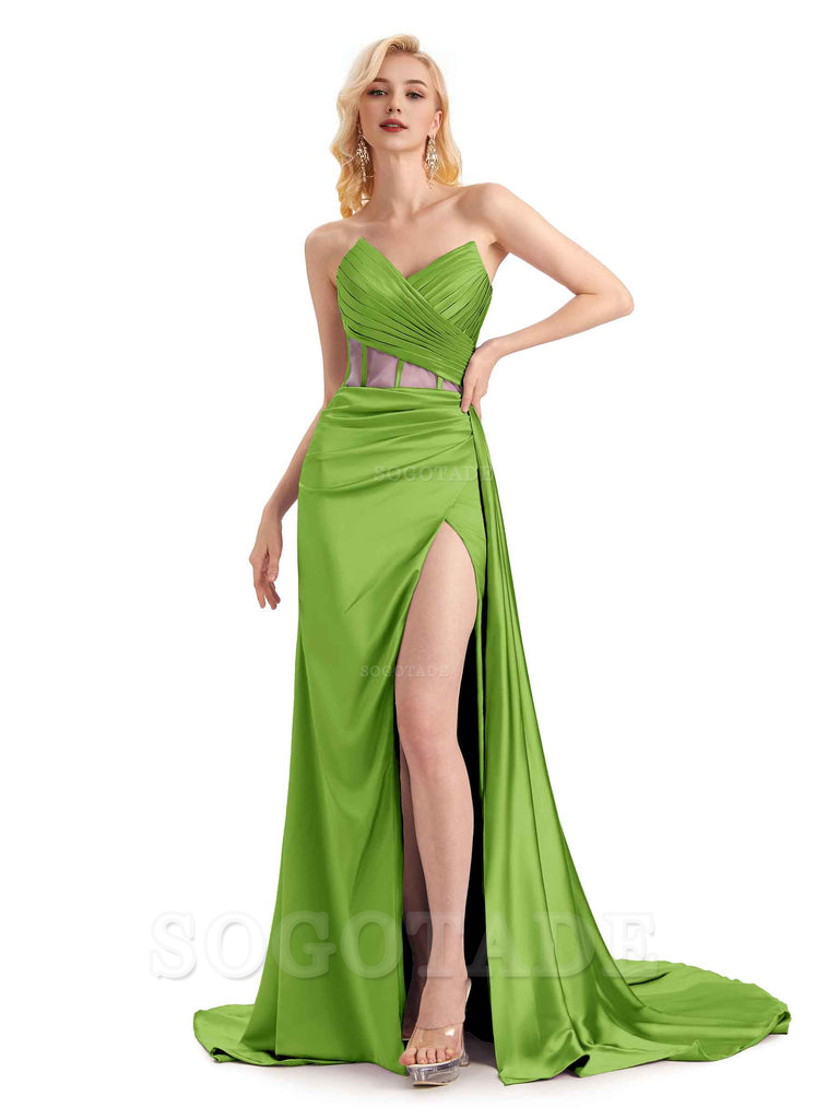 Sexy Soft Satin Side Slit See Through Floor-Length Long Mermaid Bridesmaid Dresses prom shop dresses