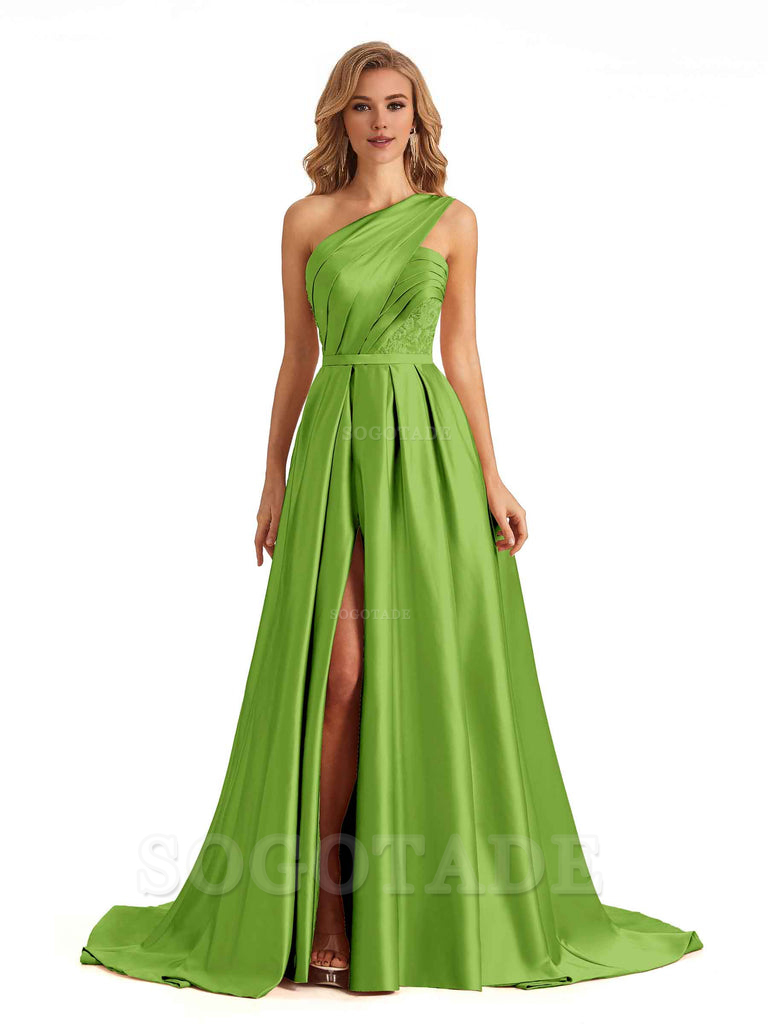 Sexy Side Slit One Shoulder A-Line Soft Satin Long Bridesmaid Dresses Online prom dress in store