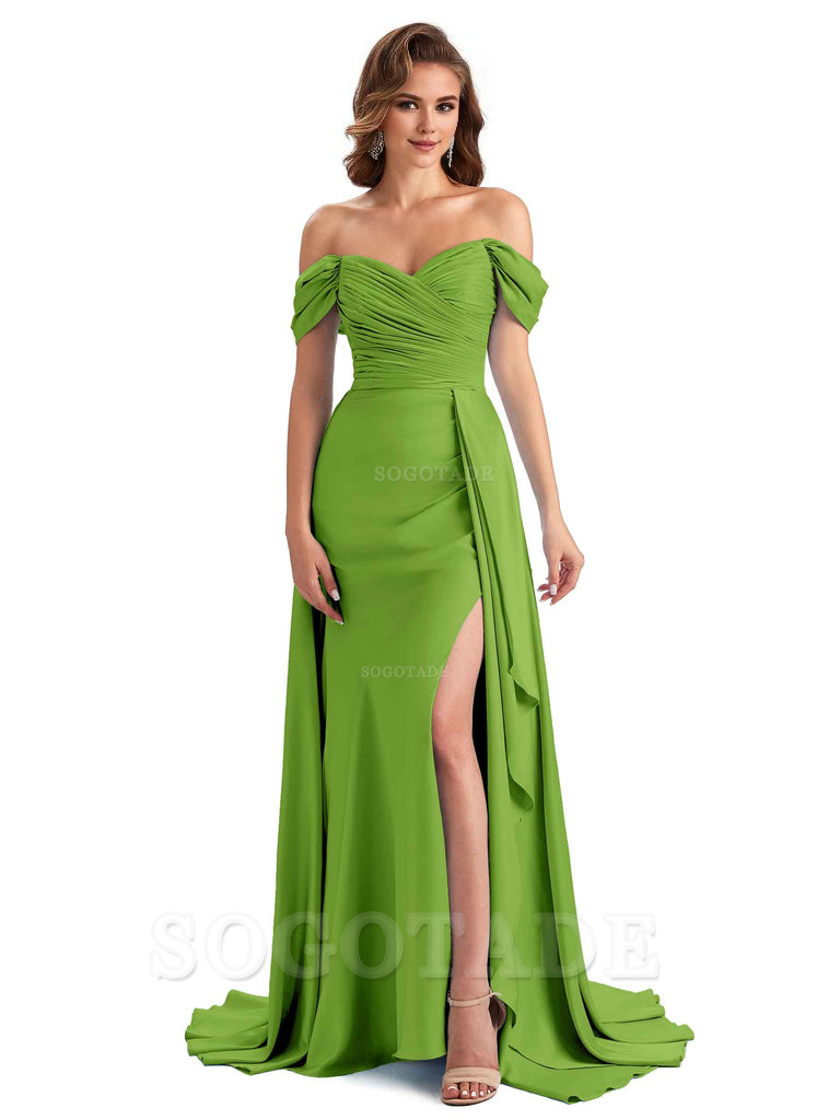 Sexy Side Slit Mermaid Soft Satin Off The Shoulder Long Unique Bridesmaid Dresses prom dress in store