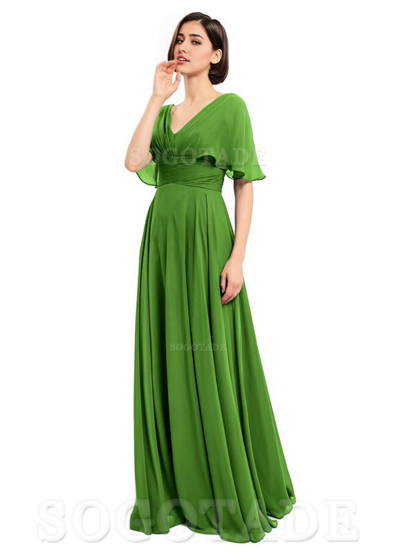  V-Neck Cap Sleeves Sleeves Chiffon Long Elegant Bridesmaid Dresses Formal Wear Dresses
