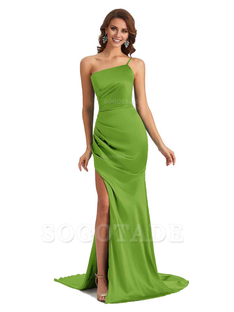 Sexy Silky Satin Side Slit One Shoulder Unique Long Wedding Guest Maxi Dresses
