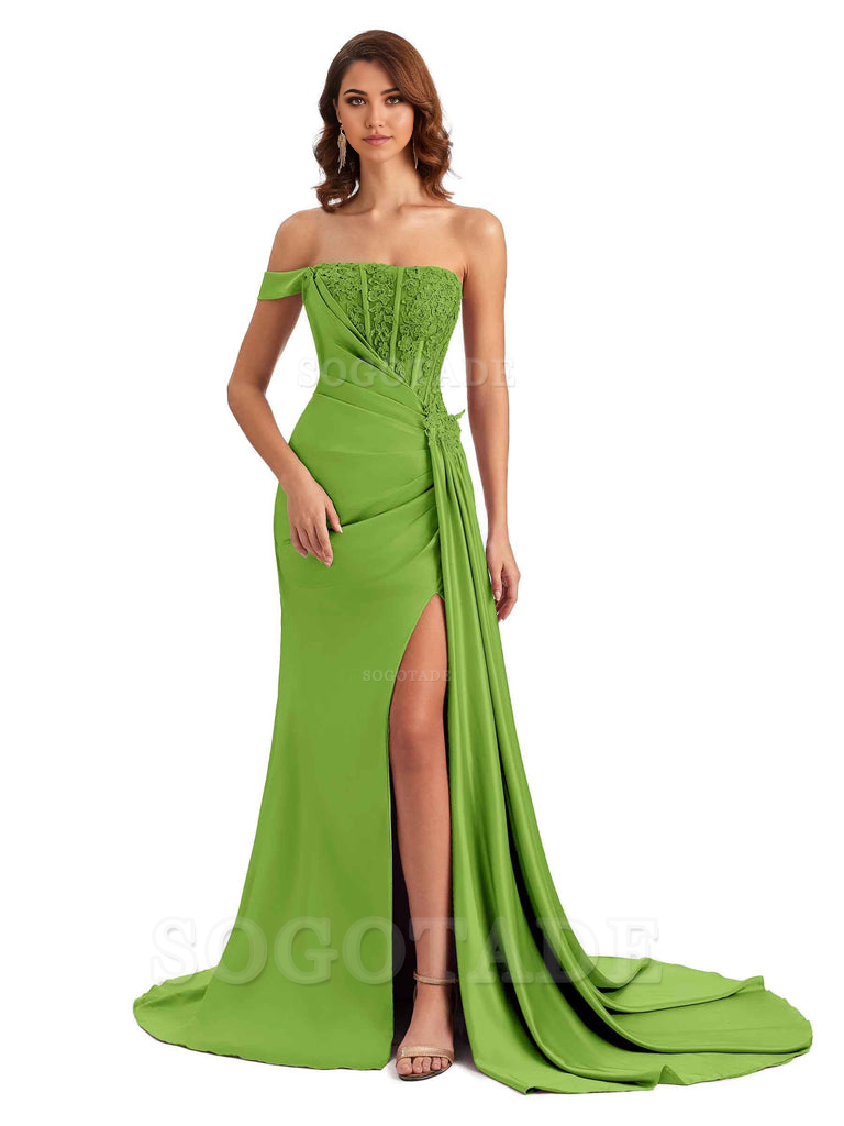 Mermaid Off Shoulder Applique formal dresses evening gown Bridesmaid Dresses With Side Slit 