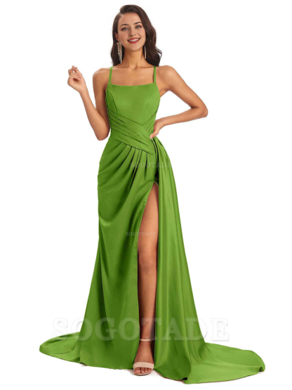 Sexy Soft Satin Side Slit Spaghetti Straps Long Maxi Bridesmaid Dresses prom shop dresses