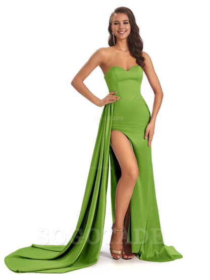 Sexy Soft Satin Sweetheart Side-Slit Unique Long Mermaid Bridesmaid Dresses prom shop dresses