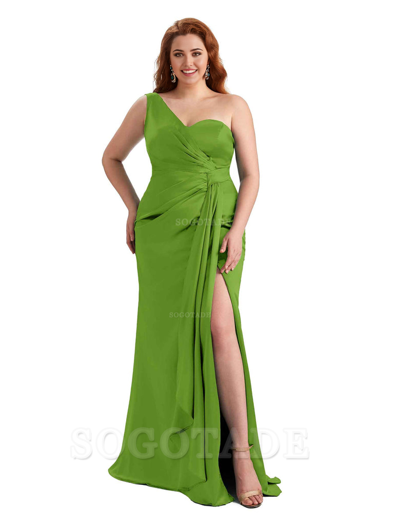  Sexy One Shoulder Side Hight Slit Mermaid Satin Floor Length Long Plus Size Bridesmaid Dress For Wedding