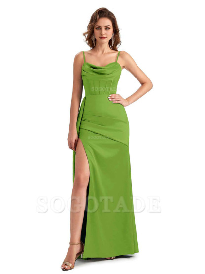 Sexy Side Slit Mermaid Silky Satin Spaghetti Straps Unique Wedding Guest Dresses