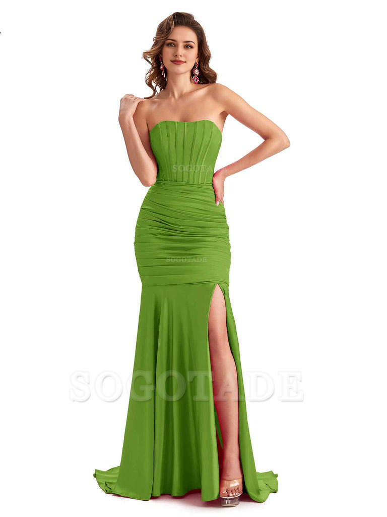 Sexy Strapless Side Slit Mermaid Silky Satin Formal Bridesmaid Dresses