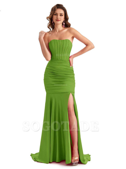 Sexy Strapless Side Slit Mermaid Silky Satin Formal Bridesmaid Dresses