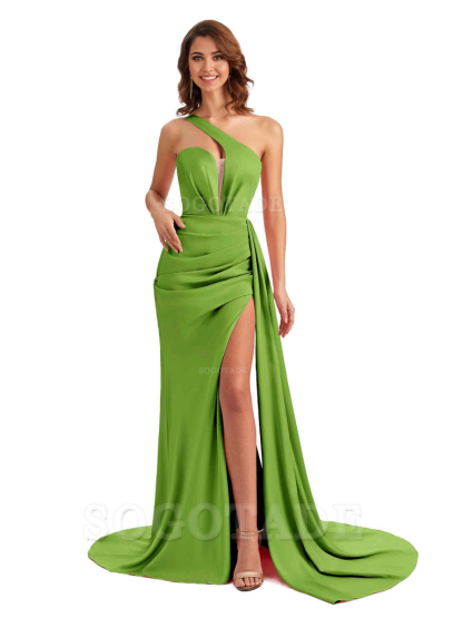 Mermaid One Shoulder Satin formal dresses evening gown Bridesmaid Dresses With Side Slit