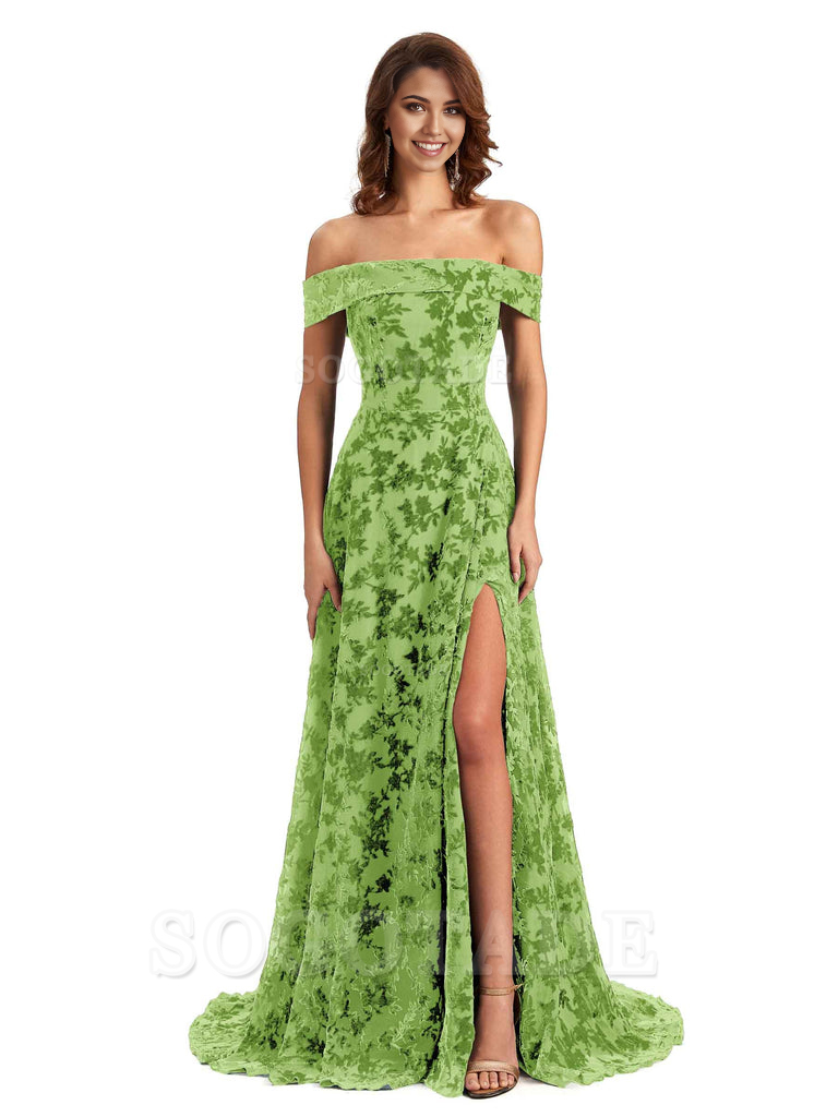 A-Line Off Shoulder Lace Velvet formal dresses evening gown Bridesmaid Dresses With Side Slit