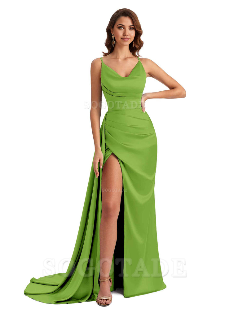 Mermaid Cowl Spaghetti Satin formal dresses evening gown Bridesmaid Dresses With Side Slit