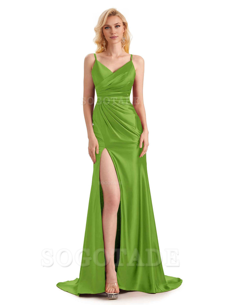 Sexy Charming Side Slit V-Neck Pleated Spaghetti Straps Backless Satin Bridesmaid Dresses Formal Women's Dresses Wedding Guests Dresses